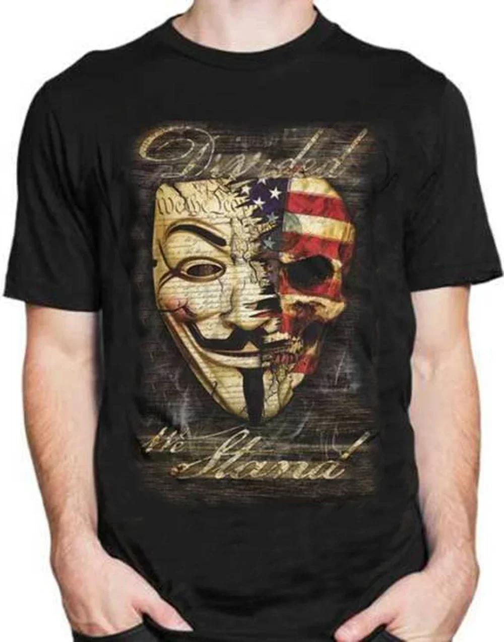 

We Stand Divided Anonymous Mask American Flag Skull TShirt Premium Cotton Short Sleeve ONeck Mens T Shirt New S3XL S