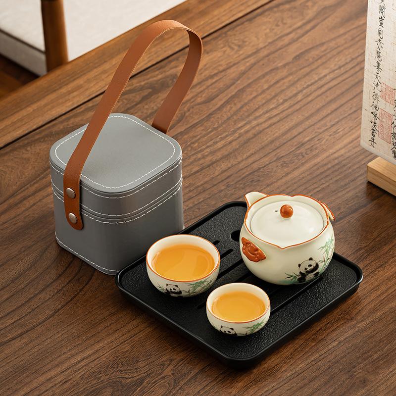Travel tea set Portable wind panda holding bamboo Ru kiln binaural teapot Business gift Kuaike cup