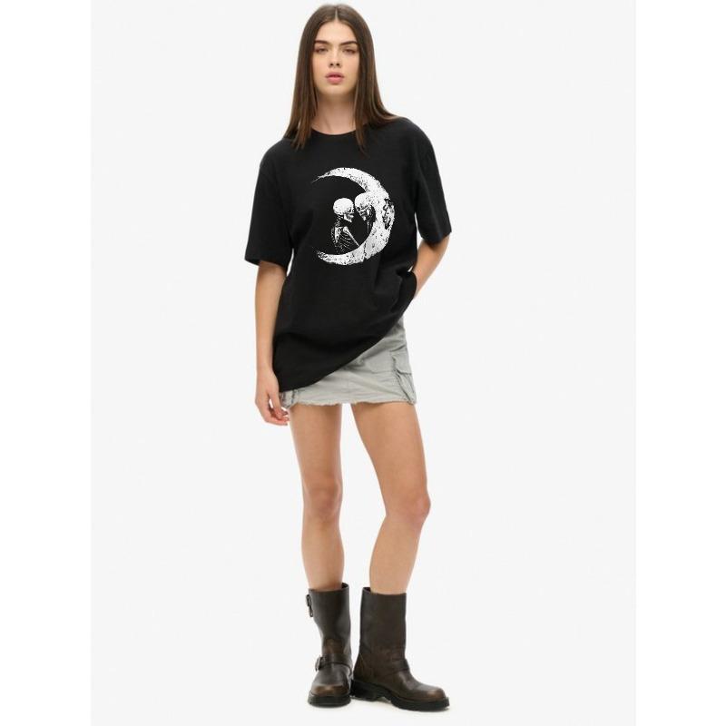 Oversized T Shirt Black Skull Couple Moon Print Casual Wear