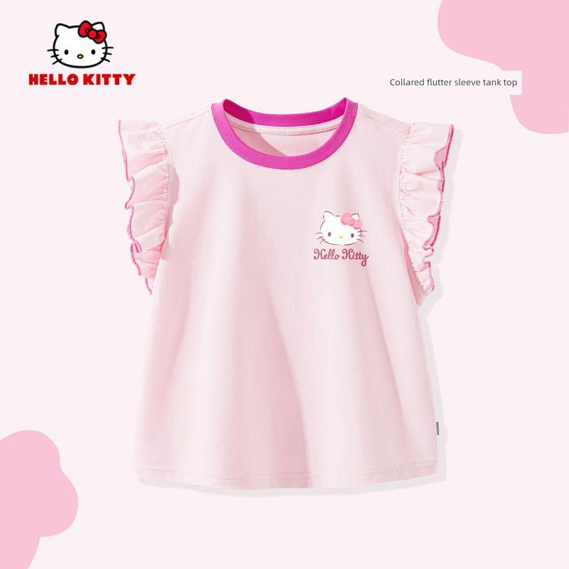 My Melody Girls' Flutter Sleeve T-Shirt Summer 2026 New Pink Children's Round Neck Top Cute Baby Girl Vest