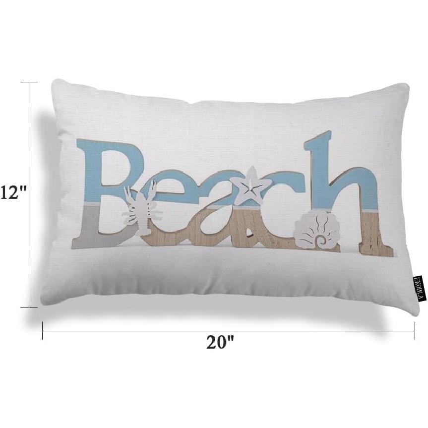 EKOBLA Beach Vintage Wood Lettering Quote with Ocean Home Pillow Cases Coastal Sea Starfish Scallop Summer Waist Lumber Cotton Linen Cushion Cover