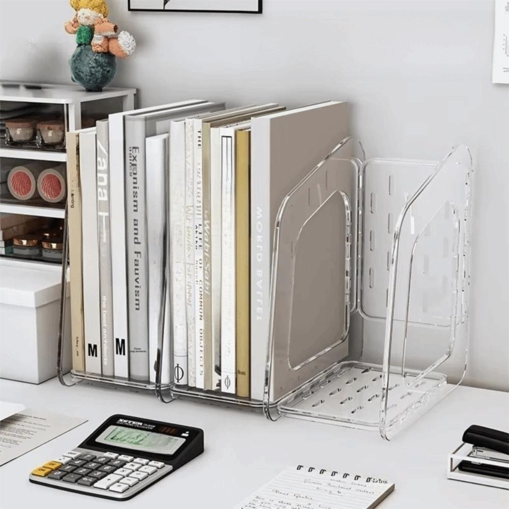 3-Section Transparent Book Stand Acrylic Stationery Shelf Magazine Rack Document Organization