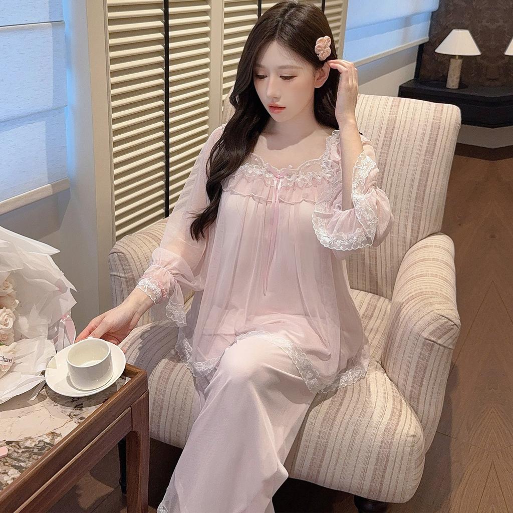 Autumn Long-sleeved Pajamas Women's with Chest Pads, Mesh, Sweet Lace Princess Style Trousers Set, Loungewear