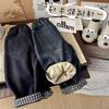 Kids Thickened Fleece Lined Jeans Boys Girls Warm Plaid Cuffed Pants