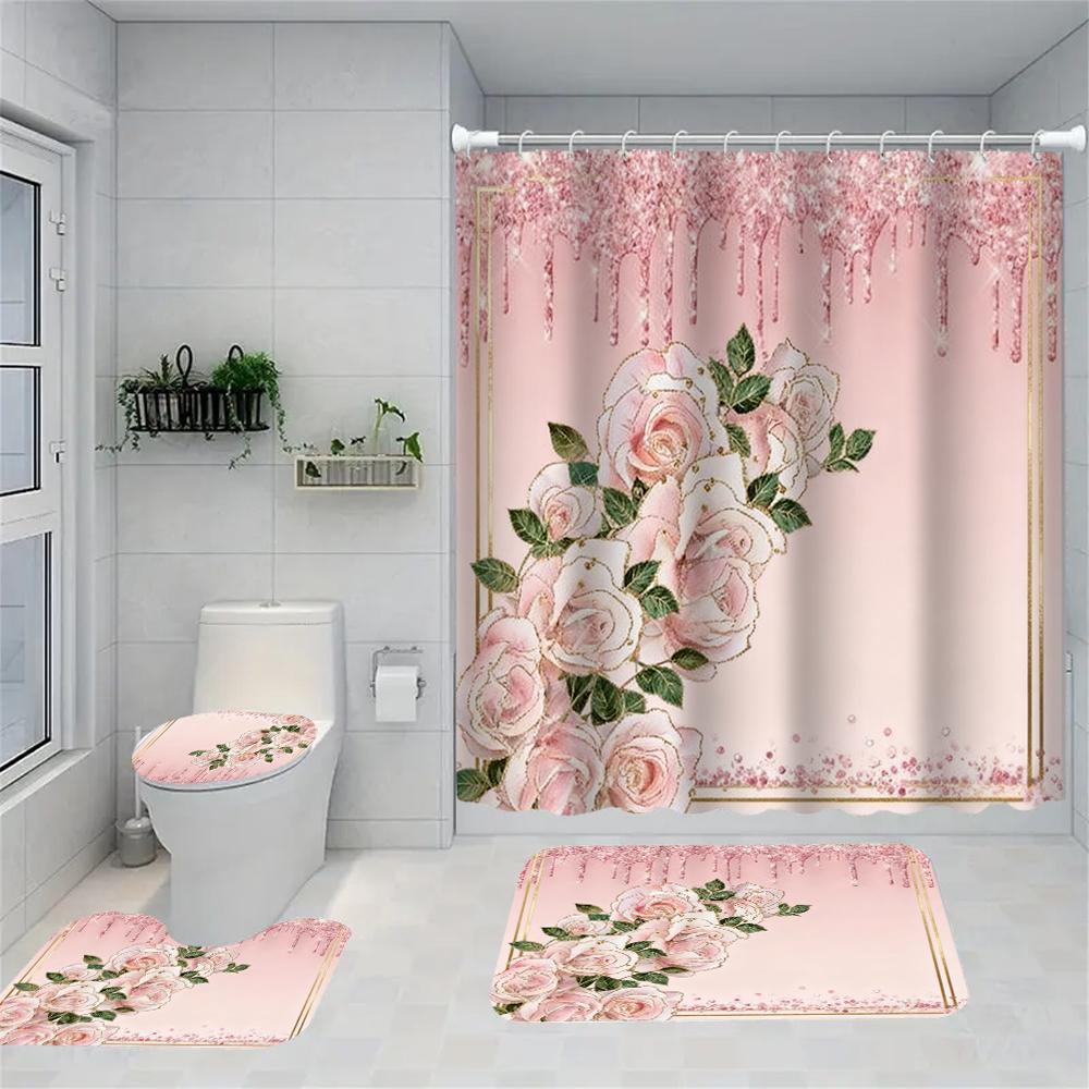 1/4 Geometric grid  print shower Curtains, Toilet Seat Decoration, Shower Curtain with Carpet and Toilet Lid, 70.8x70.8 inch