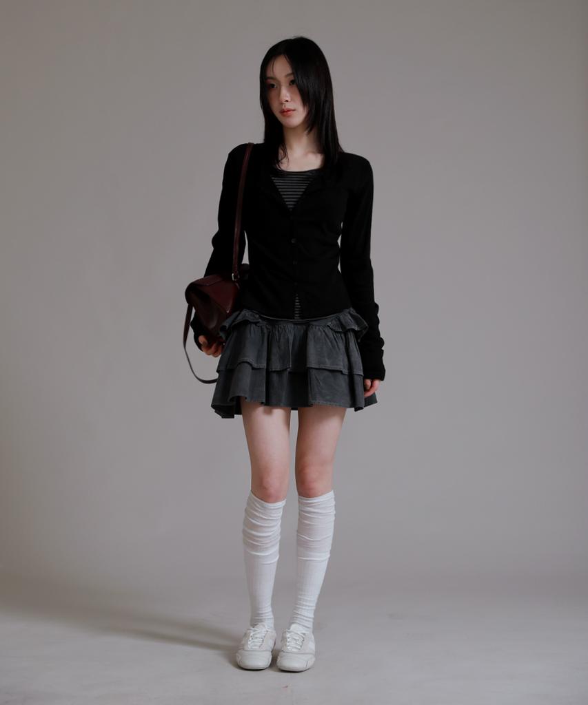LIKE THE MOST Striped Inner Layered Cardigan T-Shirt_Black