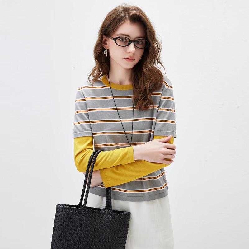 Haut Tricot Kemeng Boka pour Femme Rayé Mélange de Soie Fausse Deux Pièces Manches Longues