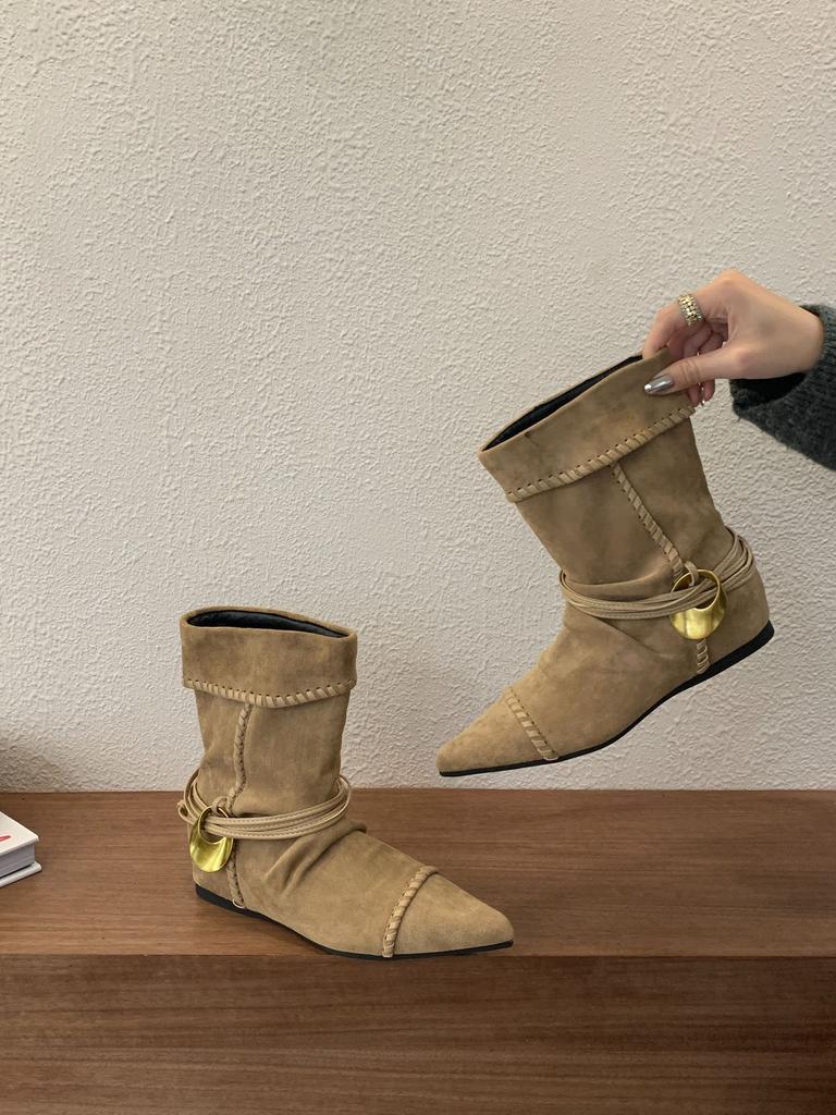 2025 Autumn New Fashion Short Knight Short Boots French Design Sense Pointed Pleated Thin Boots Women