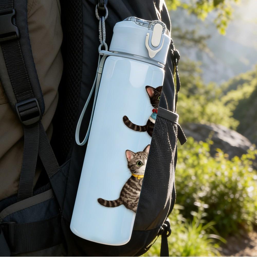 1PC Cat Climbing Up Vertical Wall Print 750ml Color Plastic Sports Water Bottle Leakproof Flip Straw Lid Suitable for Sports Office Home Use