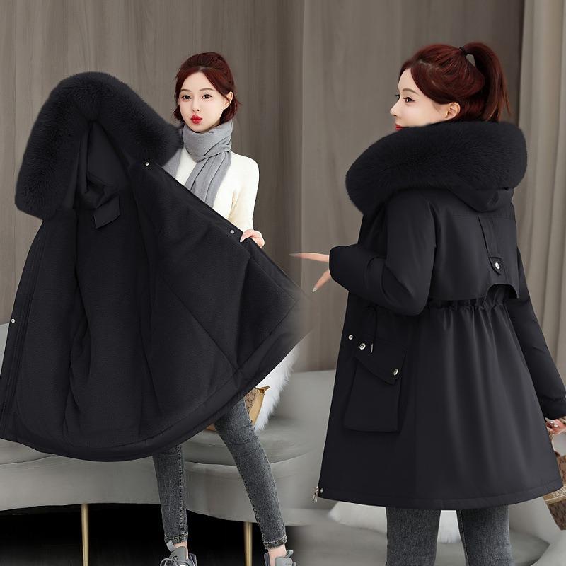 Winter Girl Medium and Long Pie Overcomes the New Big Fur Collar Padded Jacket, Hooded Warm Padded Jacket Thick