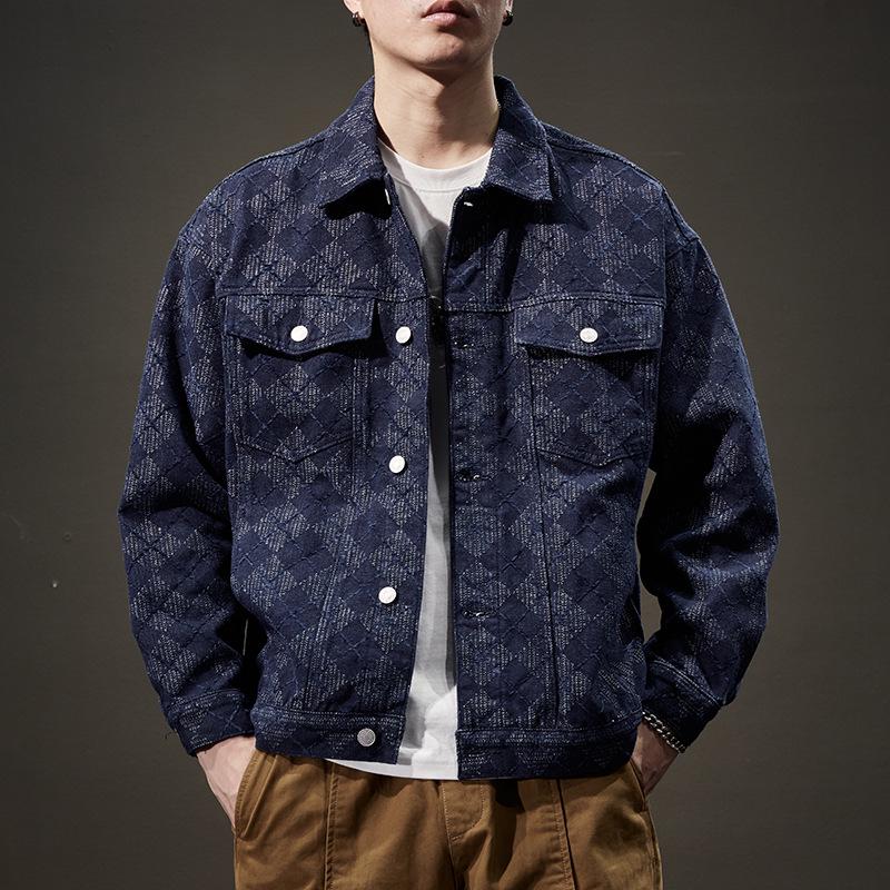Men's Trendy Plaid Denim Workwear Jacket - Plus Size, Spring/Autumn 2023 Collection