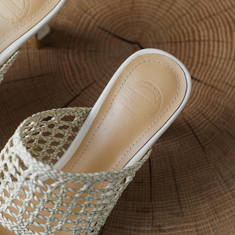 Fashion Women's New Summer Retro Square Headed Hollow Knitted Genuine Leather Sheepskin Open Toe High Heel Large Sandals