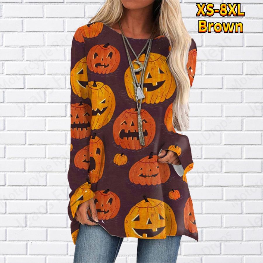 T-shirt à Manches Longues Imprimé 3D Joyeux Halloween Mode Femme Col Ras du Cou Ample Tunique Tops Vêtements d'Automne pour Femmes Tops Femme Style Y2k