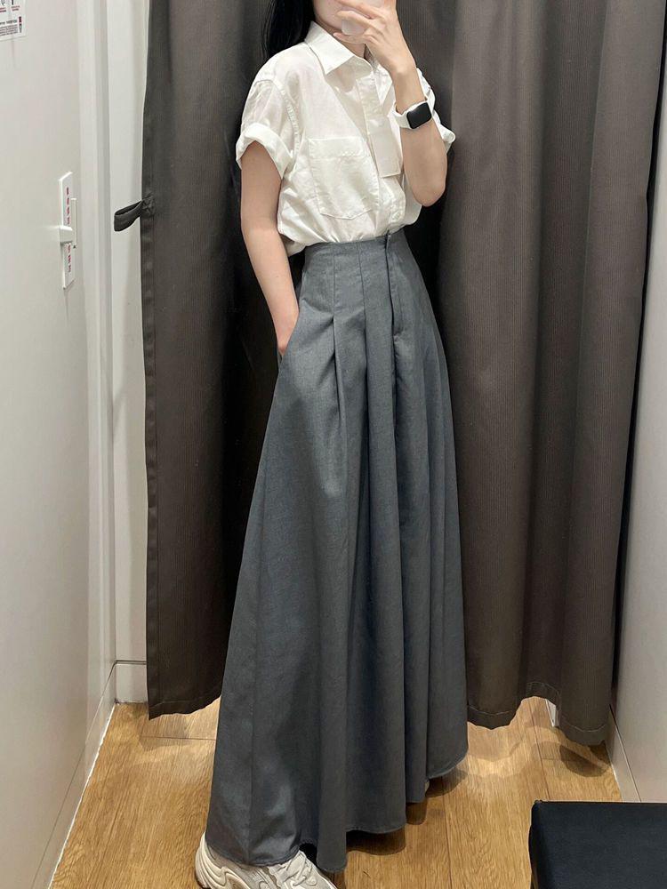 Women's Chic Hong Kong Salt-Style Two-Piece Set: Short-Sleeve Shirt & Midi Skirt for Spring/Summer.