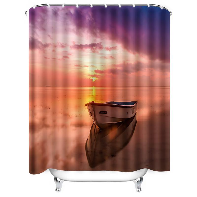 Romantic Sunset Seascape Shower Curtain Rowboat Reflection Bathroom Decor Tranquil Ocean View Colorful Sky Serene Atmosphere