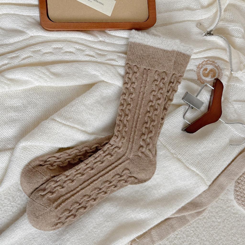 Wool Socks Children'S Warm Thickened Socks Fleece Medium Tube Socks Contrast Twist Striped Stacking Socks