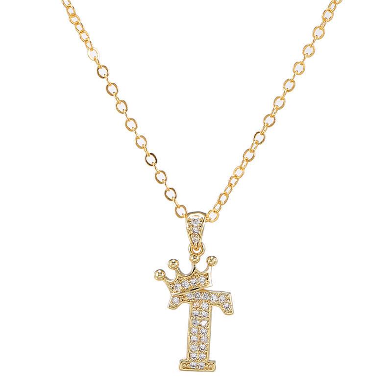 Fashion Cubic Zirconia Crown Letter Pendant Necklace Gold Hip Hop Punk Alphabet Jewelry