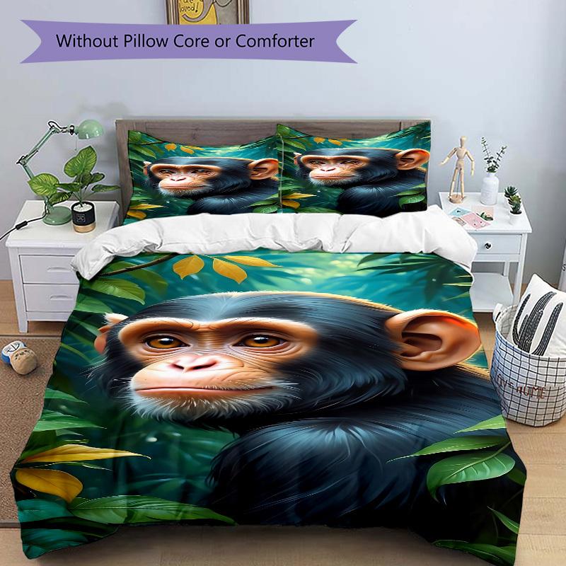 3pcs Chimpanzee, Jungle Bedding Set - 1 Duvet Cover + 2 Pillowcases(Core Not Included), Machine Washable Polyester Yy251216147