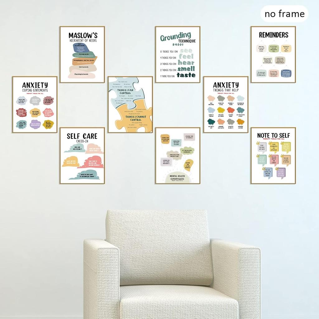 Outus 9 Pieces Mental Health Posters Anxiety Therapy Motivational Poster Psychologist Counselor pirational Posters Positive Quotes Wall Decor