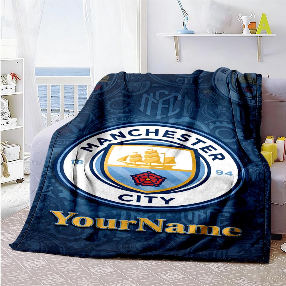 Manchester City Customize Your Name Blanket Gift Personalized Blanket Ultra-Soft Suitable for Bed Livingroom Chair Office Chair