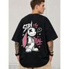 Men's Oversized Black T-Shirt with Edgy Cartoon Bunny Graphic, Short Sleeve Crew Neck Soft Cotton Tee for Streetwear Daily Wear