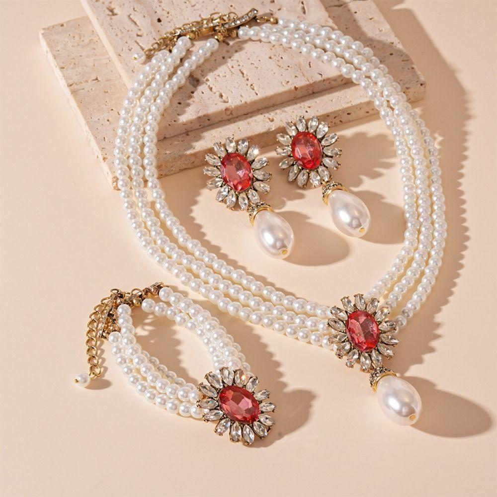 Flower Multilayer Jewelry Set Shining Women's Necklace Pearl Necklace Earring Set Women