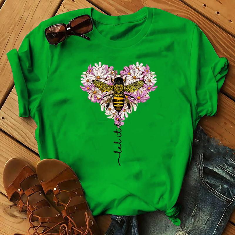 Coton 100% Femme Noël Animal Fleur Manches Courtes Abeille Fleur Imprimé Surdimensionné T-shirt Graphique T-shirts Hauts Harajuku
