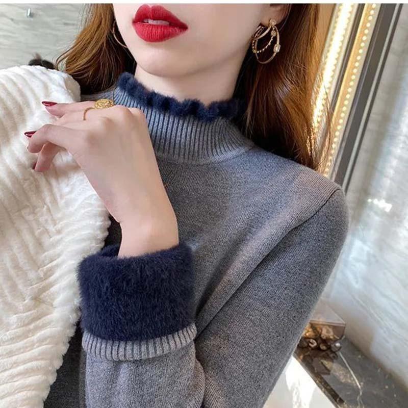 Women Winter Warm Slim Thicken Plush Sweater Velvet Lined Half Turtleneck Knit Pullover Jumper Soft Knitwear