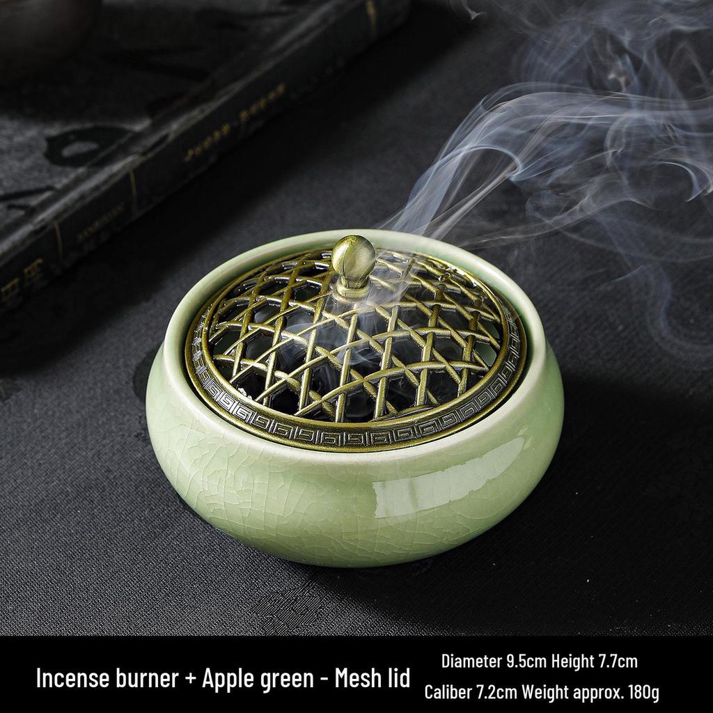Jingdezhen Celadon Ceramic Three-Legged Small Incense Burner with Ice Crack Glaze and Anti-Scald Lid.