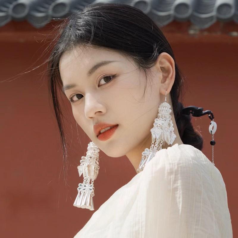 

Retro Ethnic Style Handmade Fringed Earrings Temperament Miao Versatile Hanfu Long Earrings Bride Jewelry