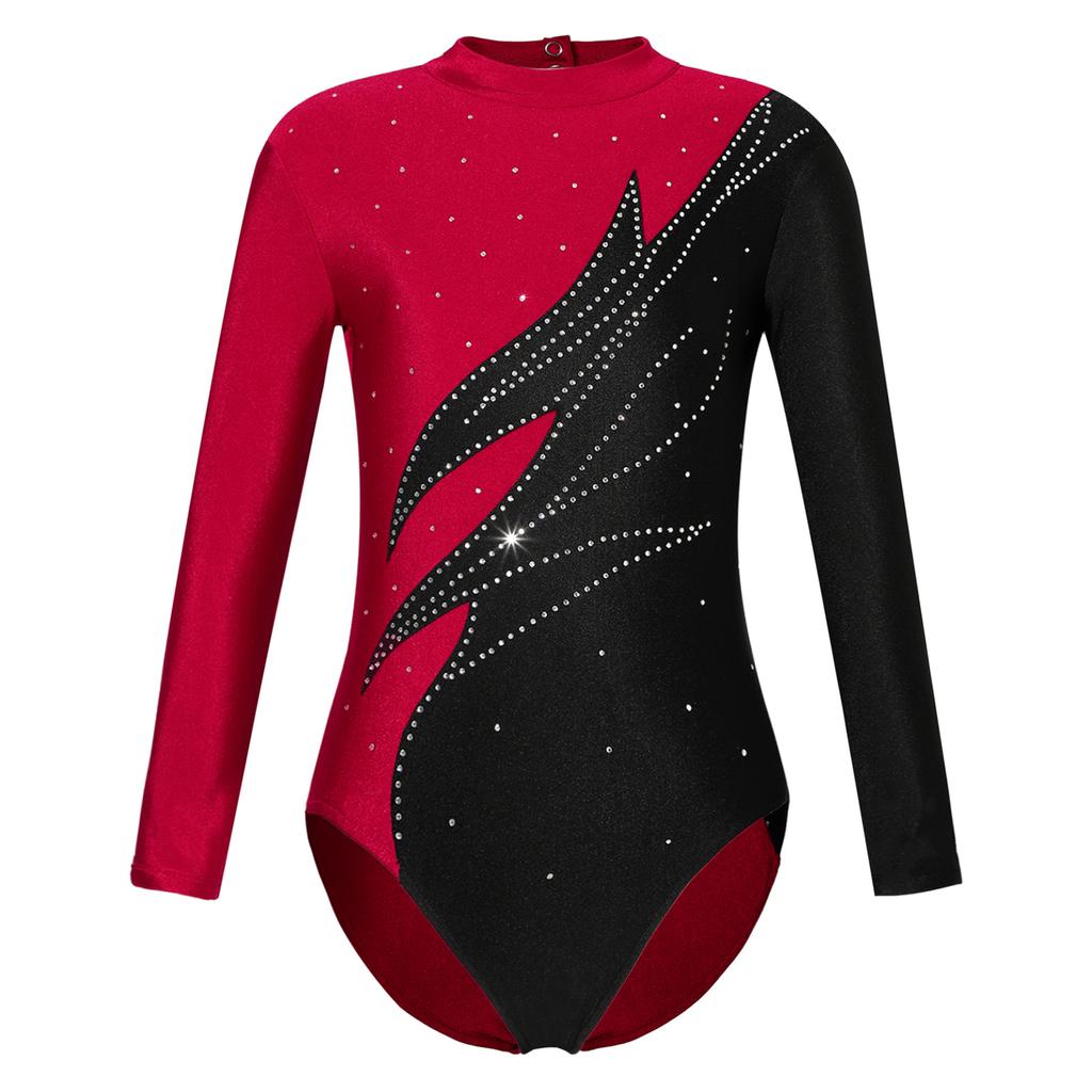 Long Sleeve Gymnastic Leotard for Girl Shiny Beads Flame Athletic Dance Bodysuit