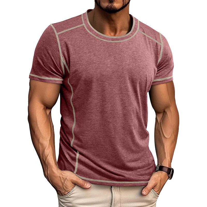 Men's Casual Contrast Stitching Crew Neck T-shirt Short Sleeve Slim Fit Sports Tee