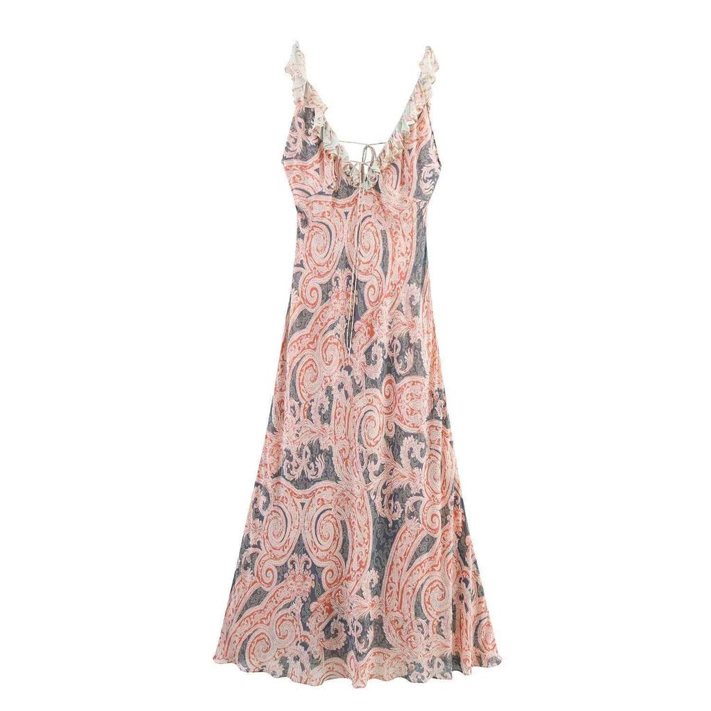 European American Style Sleeveless Floral Dress with Unique Pattern