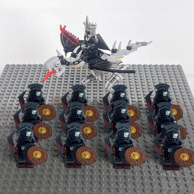 14pcs MOC Medieval Dwarf Warrior Elves Knights LotR Uruk-hai Orc Rohan Soldier with Witch King Leader Figure Building Block Toys