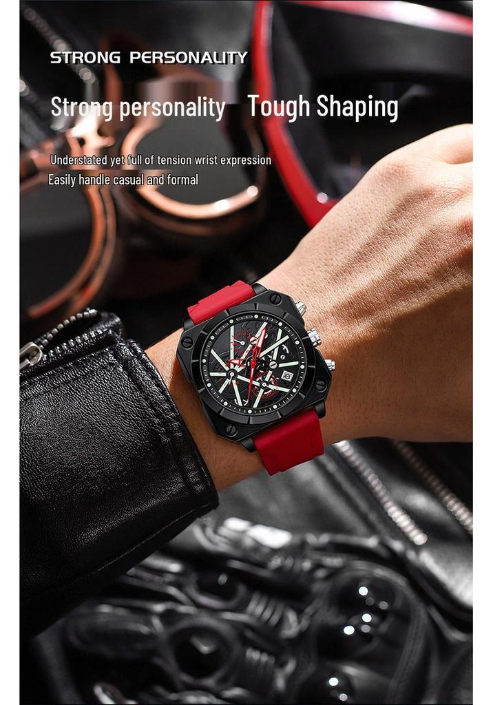 OFNS Men's Six-Needle Chronograph Quartz Watch with Luminous Bar Markers, Square Face, Waterproof, and Calendar.