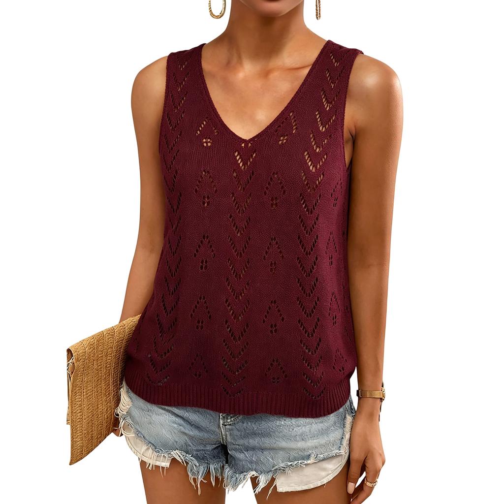 Women's V Neck Sleeveless Knit Top Color Loose Hollow Out Blouse for Casual Daily Wear Summer