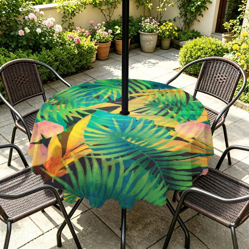 Outdoor Round Tablecloth With Umbrella Hole Waterproof Oil Resistant Floral Leaf Patio Garden Deck