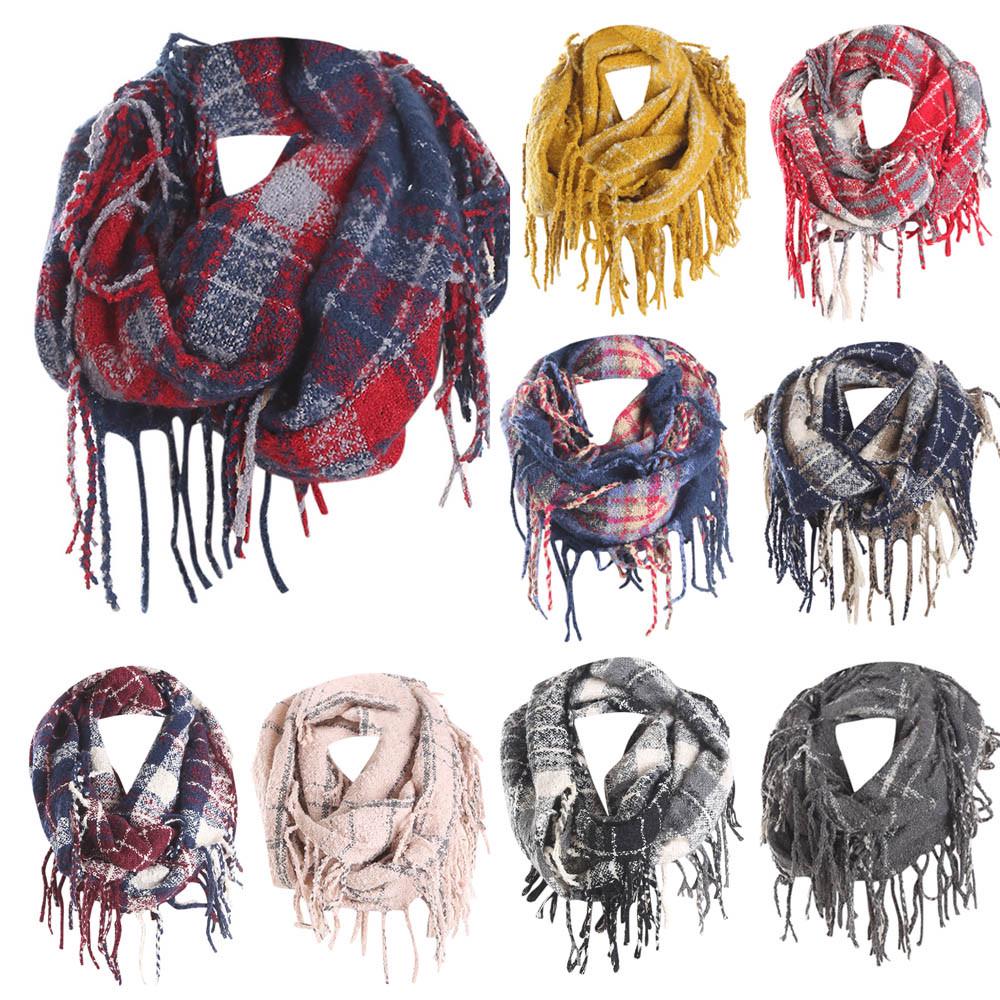 Buy Women Winter Warm Tessel Stitching Long Wool Shawl Plaid Soft Neck ...