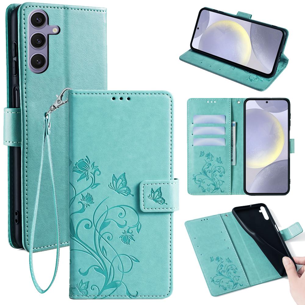 Für Samsung Galaxy S24+ Hülle Schmetterling geprägte Leder Brieftasche Handyhülle mit Handschlaufe