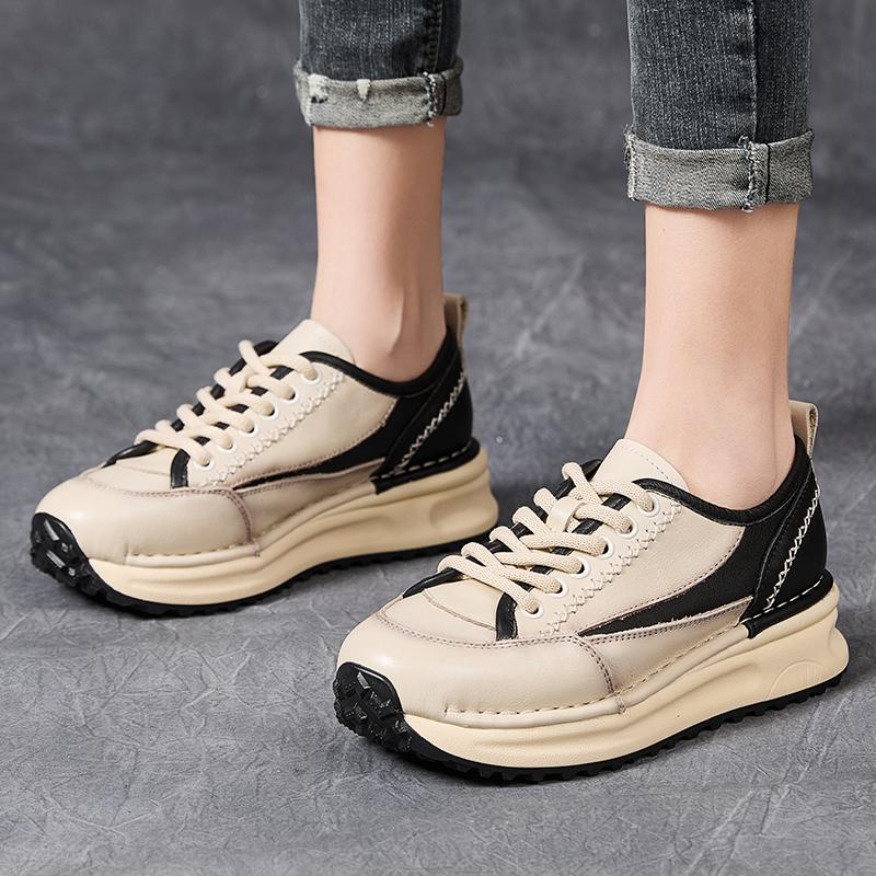 Fashion GKTINOO Sneakers Women New Genuine Leather Retro Flats Thick soled Lace-Up Spring Autumn Lady Handmade Flat Casual Shoes Women