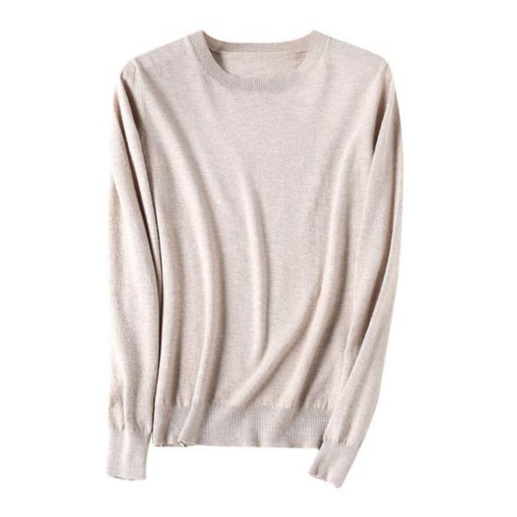 Warm Knitwear Pullover Women Sweater Solid Color Ribbed Trim Round Neck Long Sleeve Knitting Tops