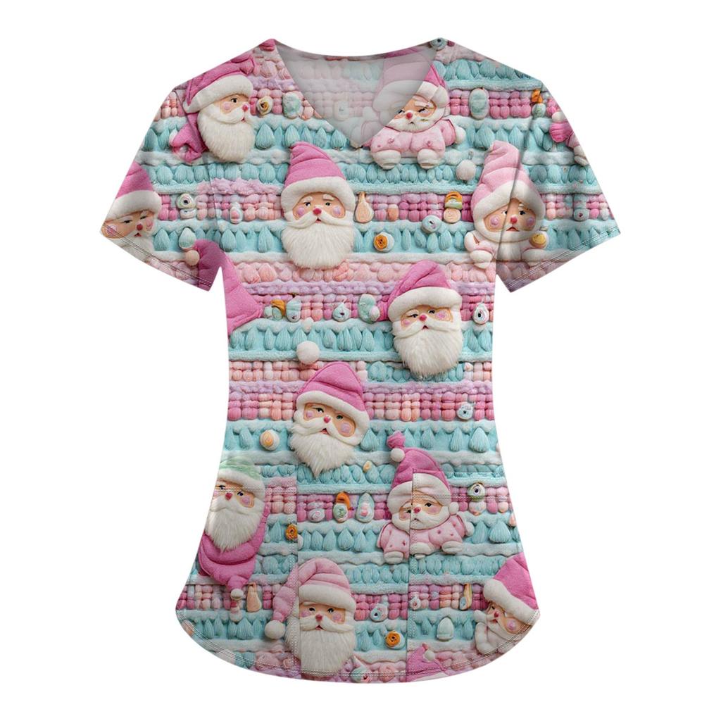 Women's Fashion Printed Short Sleeve V Neck Pattern Tops Pocket Working T-shirts