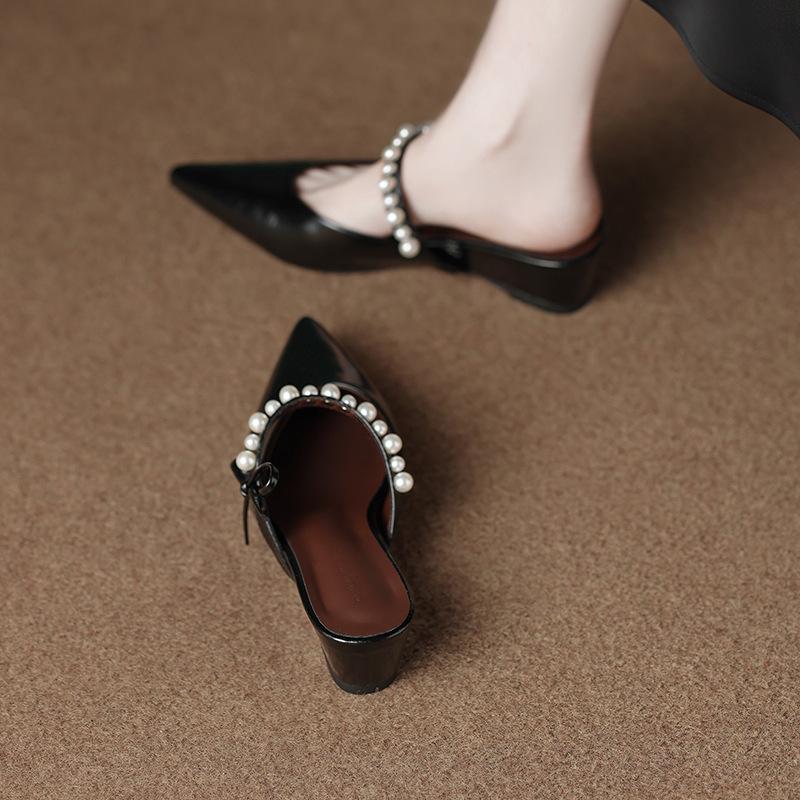 

318-2 inner height increase pearl baotou drag versatile outer wear temperament slippers gentle half-support shoes one pedal 39 чёрный