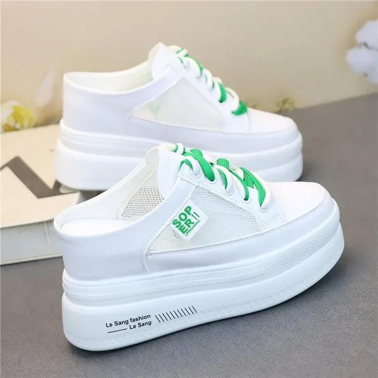 Fashion Summer Thick-soled Inner Heightening Half-drag Canvas Shoes Women's Muffin  A Pedal Lazy Shoes Women Casual Breathable Slippers