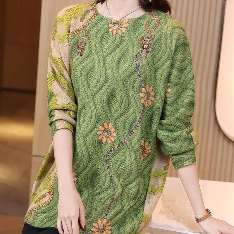 Modischer Vielseitiger Bedruckter Strickpullover Rundhals und Jacquard Lockere Passform