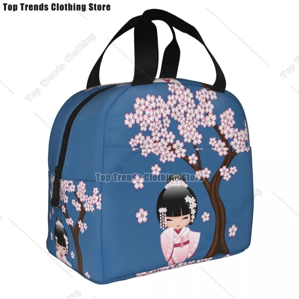 Japanese Keiko Kokeshi Doll Insulated Lunch Bag Cute Design Kimono Geisha Dolls Girls Cooler Thermal Bento Box Lunch Boxes