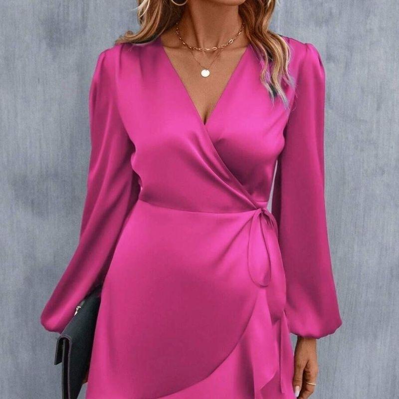 Summer Satin Dress European and American Women Summer V-neck Satin Dress Satin Waist Hugging Low Cut Midi dress