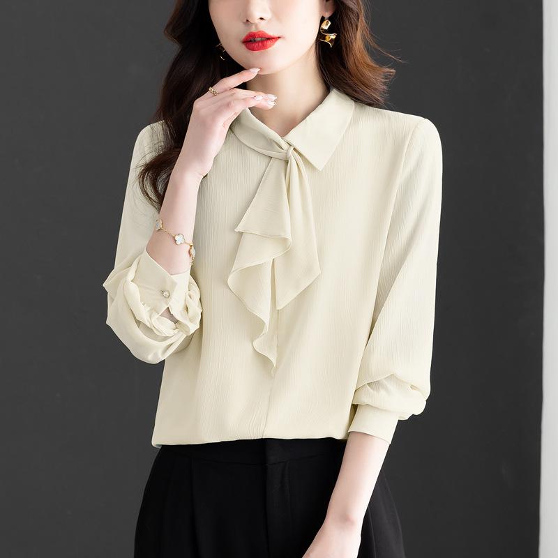 Spring 2025 French Chiffon Ribbon Shirt - Age-Reducing Long Sleeve Top for Women