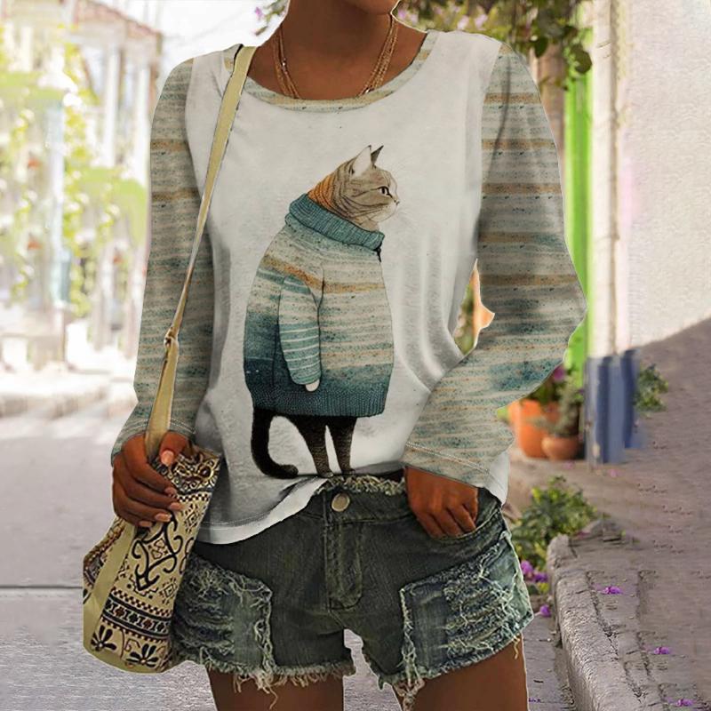 Fashion Teacup Cat Women's Long Sleeve Spring And Autumn Round Neck Clothing Casual Oversize T-Shirts Animals Cat Printed Tops