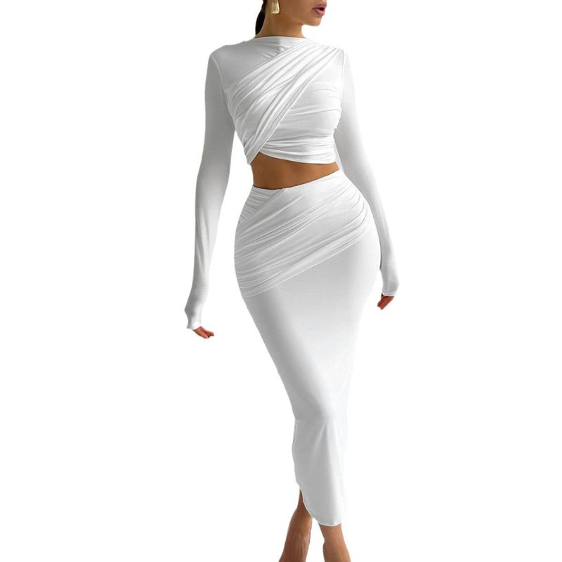 Western Style Women clothes 2025 Autumn and Winter Foreign Trade New round Neck Long sleeve Crop Slim fit Skirt Two-piece Suit